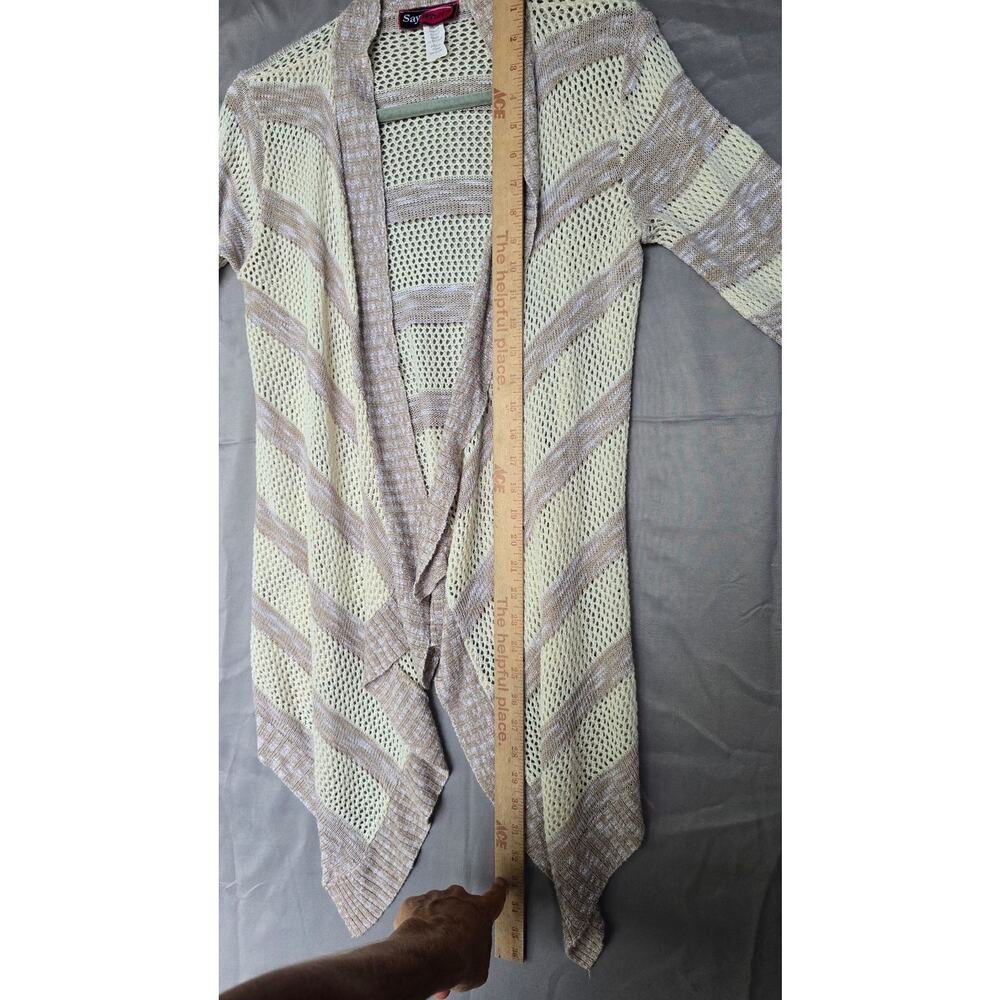 Say What? Cardigan Sweater Juniors Medium Beige Stripe Open Knit Long Sleeve - Picture 7 of 8